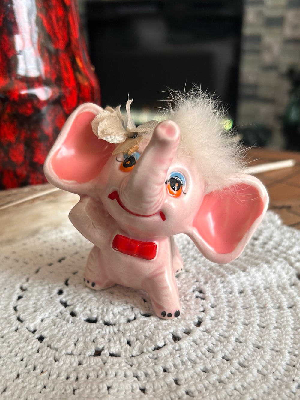 Vintage Pink Elephant Figurine  anthropomorphic with Fur & Floral Hat